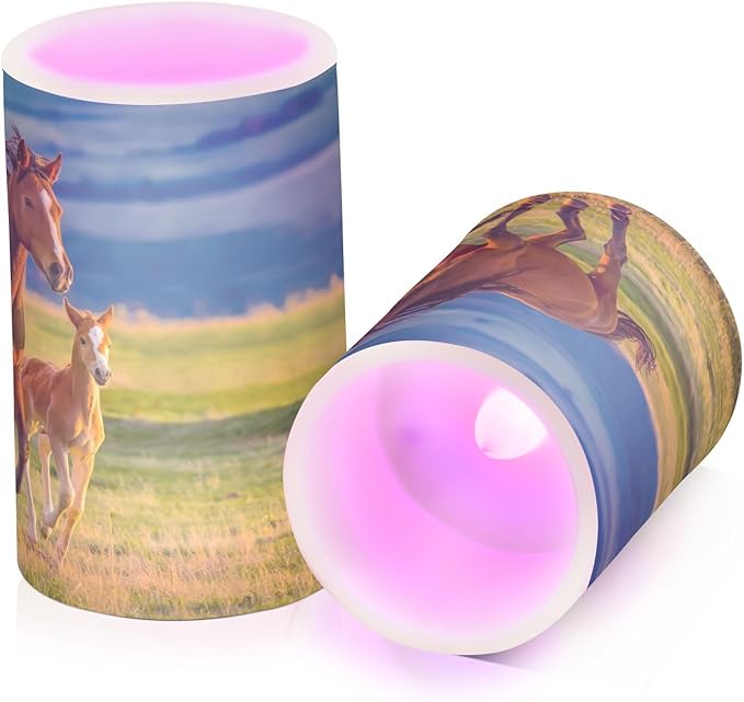 Flickering Flameless Candles, Beautiful Horses Summer Field LED Candles with Remote Timer, Set of 2 Battery Operated Candle for Valentine Wedding Birthday-VerdiqueGarden