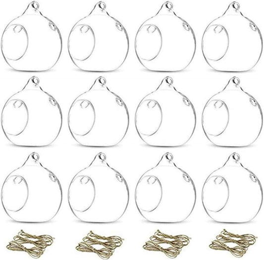 12 Pcs 3.15"/ 8cm Hanging Glass Tealight Holder Globe Plant Terrariums Glass Orbs Air Plants Tea Light Candle Holders Home Decor Indoor Outdoor Garden (with 2 Holes, 9 Pcs + 3 Pcs)-VerdiqueGarden