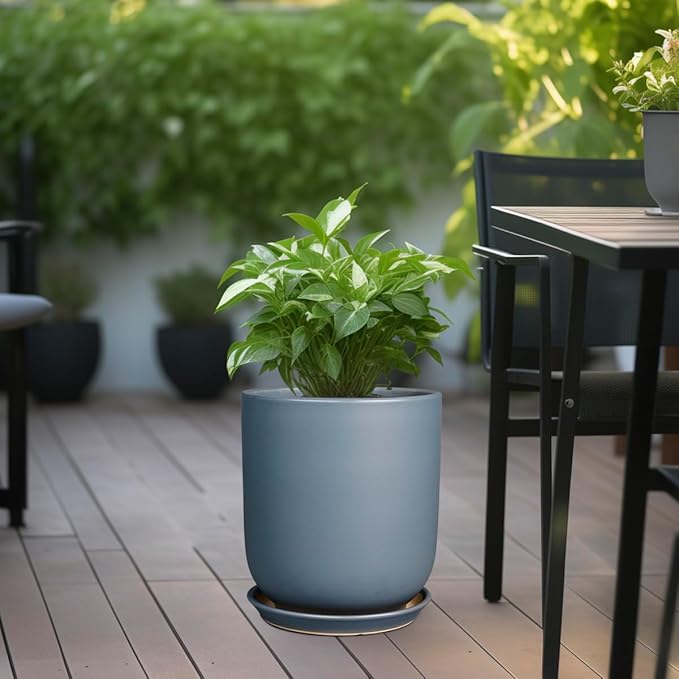 10 Inch Plant Pot - Ceramic Pot for Indoor Plants Outdoor Planter Large Flower Pot with Drainage Hole and Saucer Cylinder Gray-VerdiqueGarden