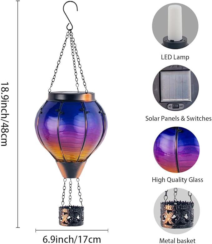 Starsoul 2 PC Starsoul 2 PC Glass Solar Hot Air Balloon Flickering Flame Hanging Garden Light Purple Waterproof Hot Air Balloon Solar Lantern with Large Basket-VerdiqueGarden