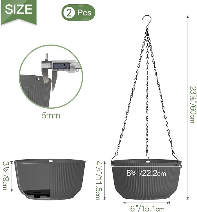 T4U 8 Inch Hanging Planters for Indoor Outdoor Plants, Self Watering Hanging Pot Pack of 2, Hanging Pots with Drainage Hole & Plug & Chain with 3 Hooks for Garden Home Decor, Grey-VerdiqueGarden