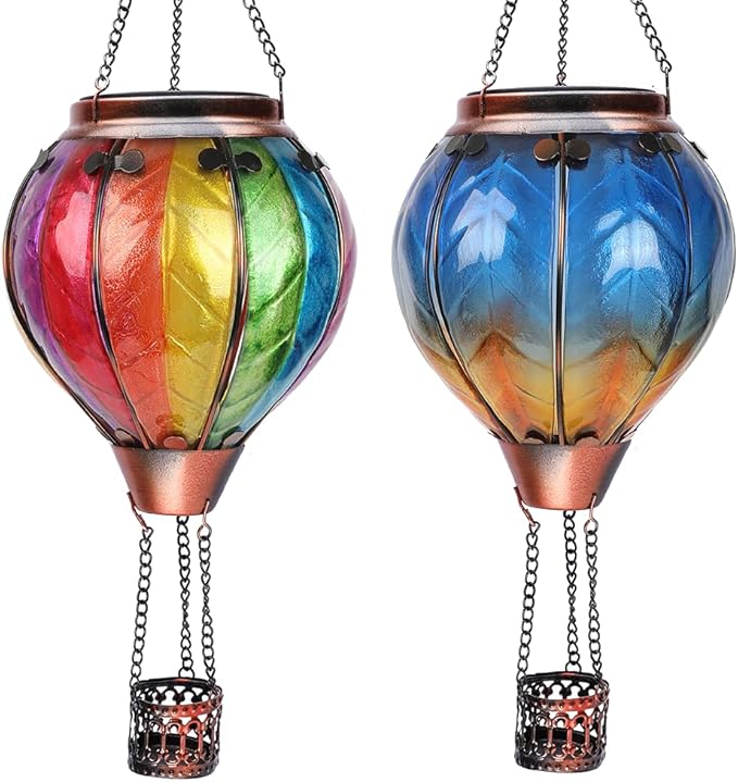 Hot Air Balloon Solar Lantern with Flickering Flame Hanging Solar Lanterns Outdoor Lights Waterproof Lanterns Decorative Garden Patio Yard Party Decor Wavy-Colorful + Blue-VerdiqueGarden