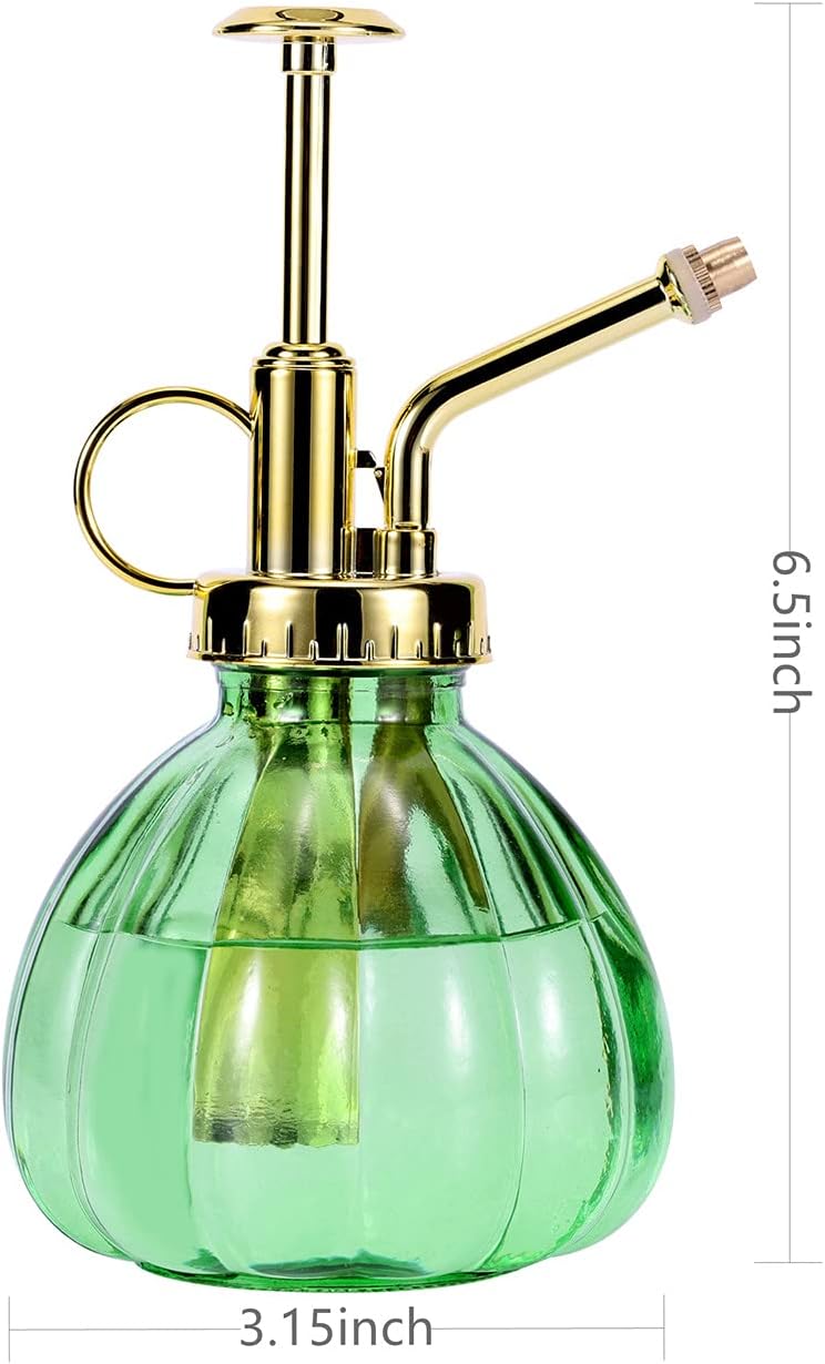 Glass Plant Mister Spray Bottle, 6.5" Green Glass Water Spray Bottle with Gold Top Pump Small Watering Can, Small Plant Sprayer Mister for Indoor Outdoor House, Green+Gold (Green+Gold C)-VerdiqueGarden