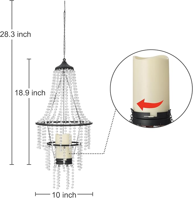 Battery Operated Hanging Chandelier Outdoor Indoor, 28” Modern Acrylic Crystal Hanging Beaded Lantern with Led Candle Light, Pendant Lights Decor for a Gazebo, Garden, Backyard, Patio, Balcony, Porch-VerdiqueGarden