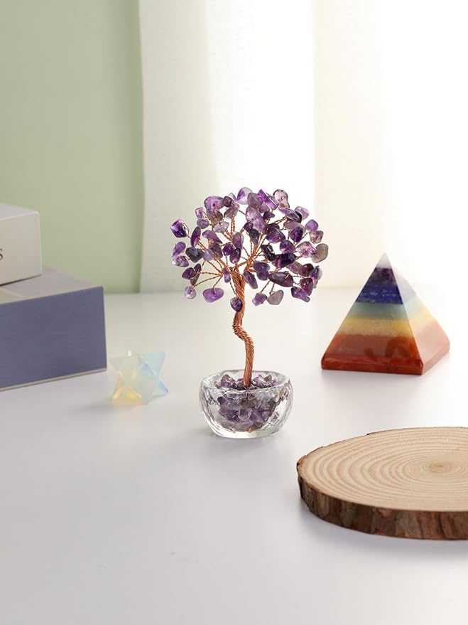 Jovivi Small Amethyst Crystals Tree, Natural Crystal Healing Stones Tree Glass Bowl Base Gemstone Money Trees Feng Shui Good Luck Home Desk Decor-VerdiqueGarden