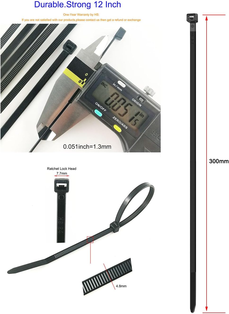 HS 12 Inch Black Zip Ties 1000 Bulk Pack,Nylon Cable Ties 50 LB Strong Wire Tie Wraps Black UV Outdoor Purpose-VerdiqueGarden