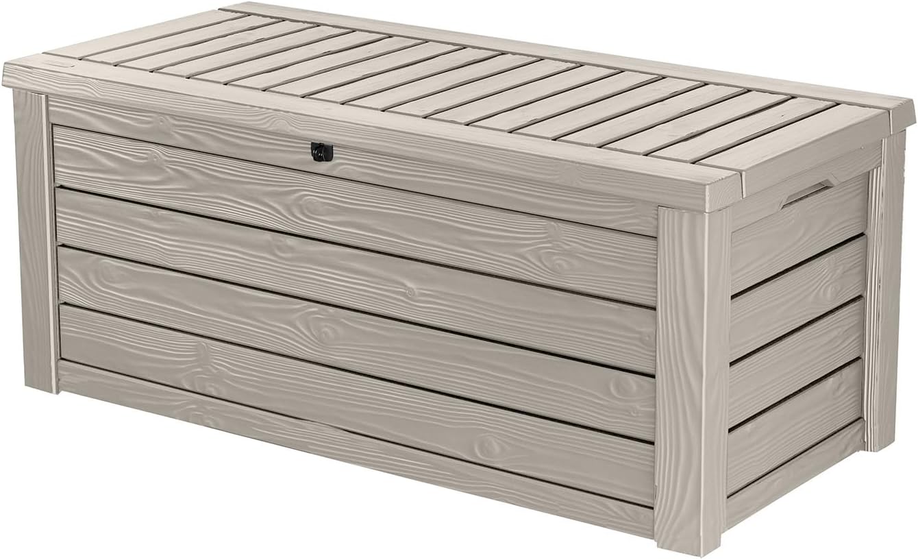 Keter Westwood 150 Gallon Resin Large Outdoor Storage Box for Patio Furniture, Outdoor Cushions, Garden Tools and Pool Floats, Beige-VerdiqueGarden