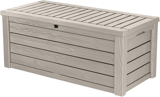 Keter Westwood 150 Gallon Resin Large Outdoor Storage Box for Patio Furniture, Outdoor Cushions, Garden Tools and Pool Floats, Beige-VerdiqueGarden