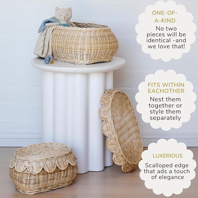 BEBE BASK The Original Scalloped Basket Set Of 2 – Small Scallop Basket - 15 x 10 x 6 In - Hand-Woven & Award-Winning - Elegant Wicker With Scalloped Edge Lid - Nursery Storage - (Natural)-VerdiqueGarden