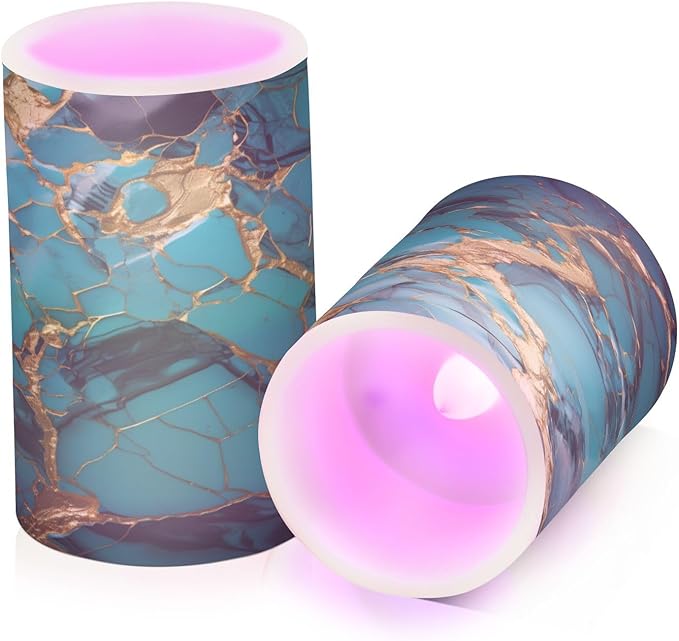 Flickering Flameless Candles, Turquoise Golden Marble LED Candles with Remote Timer, Set of 2 Battery Operated Candle for Valentine Wedding Birthday-VerdiqueGarden