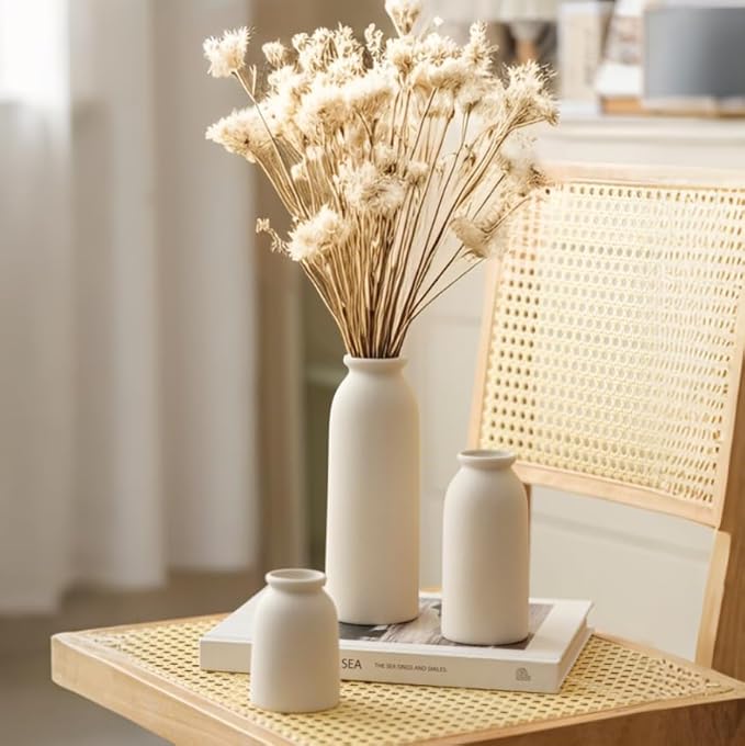 Ceramic Vase Set-3, Small Flower Vases for Decor, Modern Boho Farmhouse Style, Decorative Vases for Pampas Grass & Dried Flowers, Distressed Finish (Beige)-VerdiqueGarden