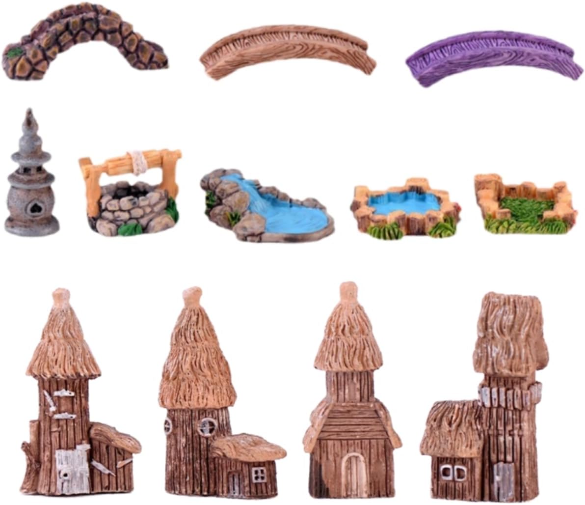 LONCESS Fairy Garden Accessories Miniature Tree House Bridge Mini Lighthouse Water Well Bridge Figurines Pond Lawn Ornament Figurines for DIY Craft Garden Decor,12 Peices-VerdiqueGarden