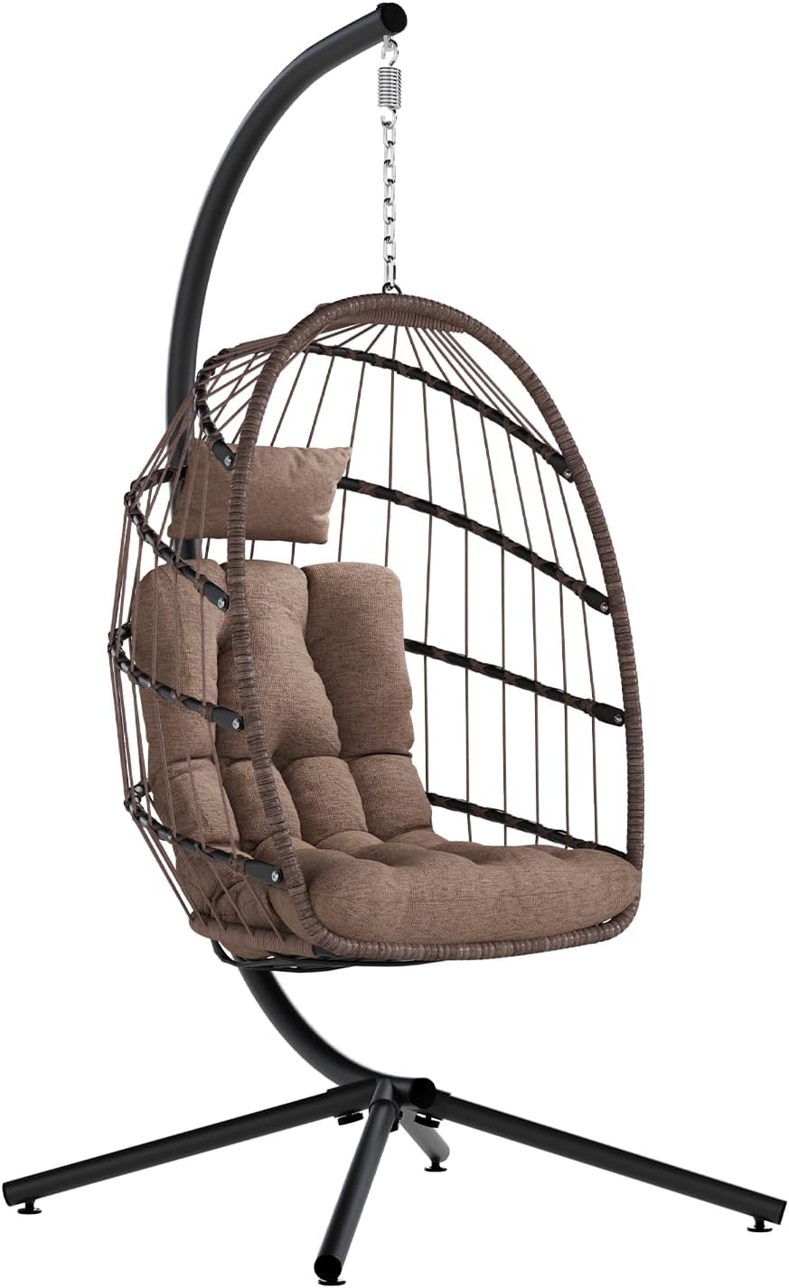 SWITTE Egg Chair Outdoor with Stand, Indoor Wicker Hanging Egg Swing Chair with Cushion, 350lbs Capacity for Patio, Bedroom, Garden - Brown-VerdiqueGarden
