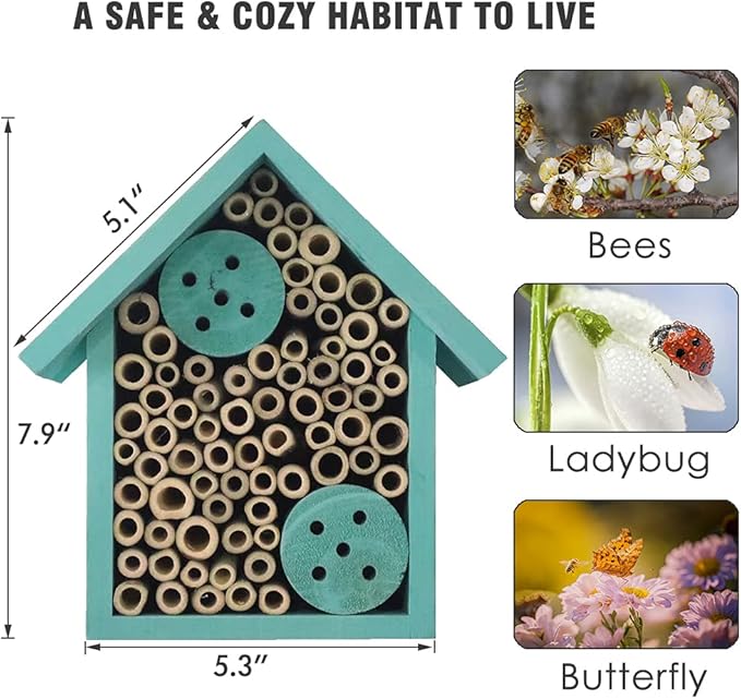 Mason Bee Houses Outdoor Wooden Blue Bee Hotel for Garden and Yard Hand-Made Bamboo Bee Hive for Bees Butterflies and Ladybugs, Medium Size 8"x7.5"x5"-VerdiqueGarden