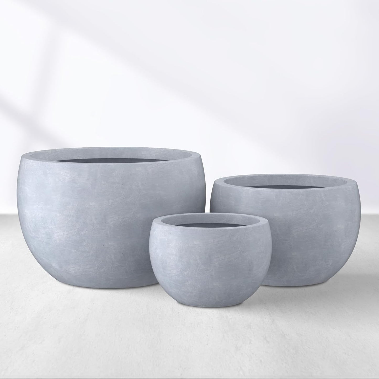 Kante 19.9",15.7",11.8" Dia Round Concrete Planter Set of 3, Outdoor/Indoor Large Bowl Plant Pots with Drainage Hole and Rubber Plug for Garden Patio Balcony Home, Gray-VerdiqueGarden