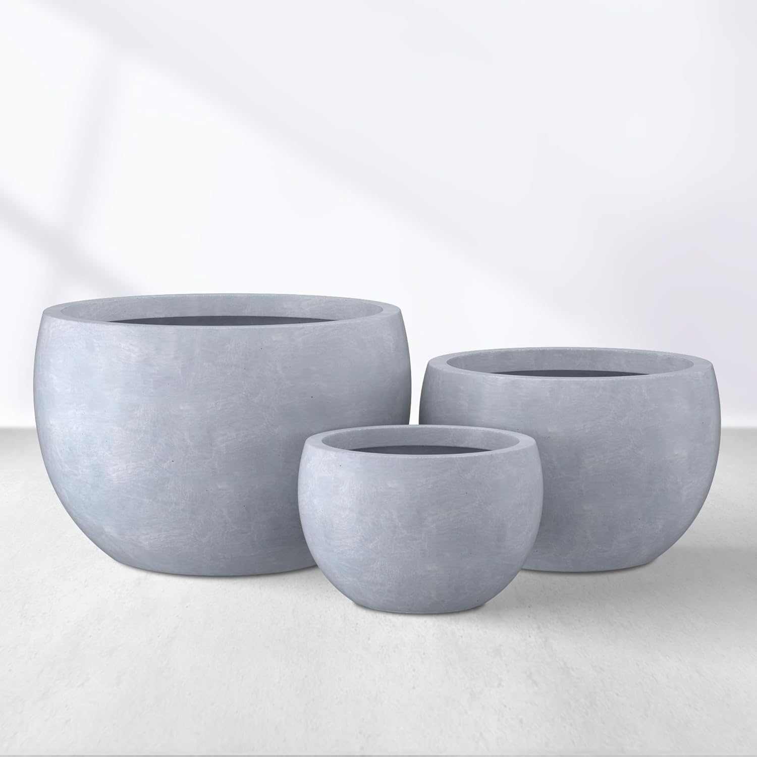 Kante 19.9",15.7",11.8" Dia Round Concrete Planter Set of 3, Outdoor/Indoor Large Bowl Plant Pots with Drainage Hole and Rubber Plug for Garden Patio Balcony Home, Gray-VerdiqueGarden