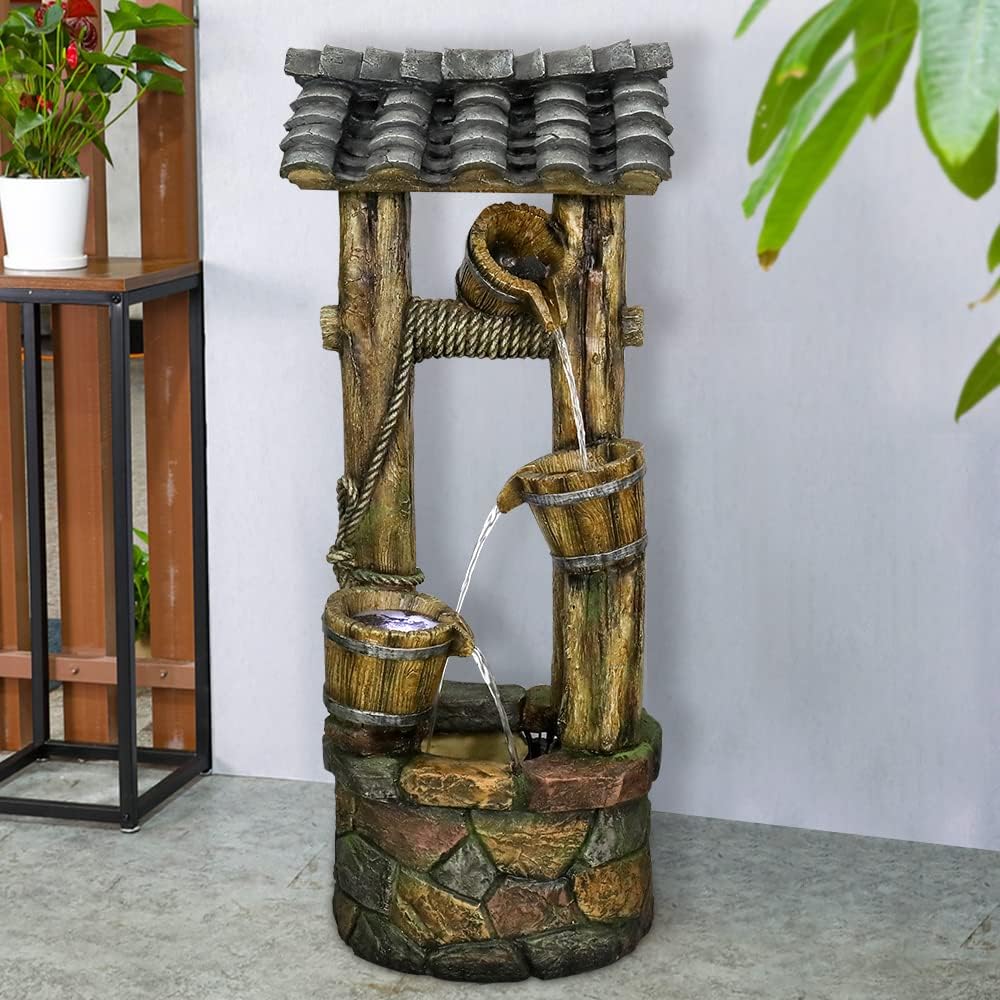 Wishing Well Water Fountain, 39.3inches Rustic Outdoor Water Fountains - Outdoor Cascading Waterfall with Buckets, Pump & Lights for Backyard Patio Decor-VerdiqueGarden