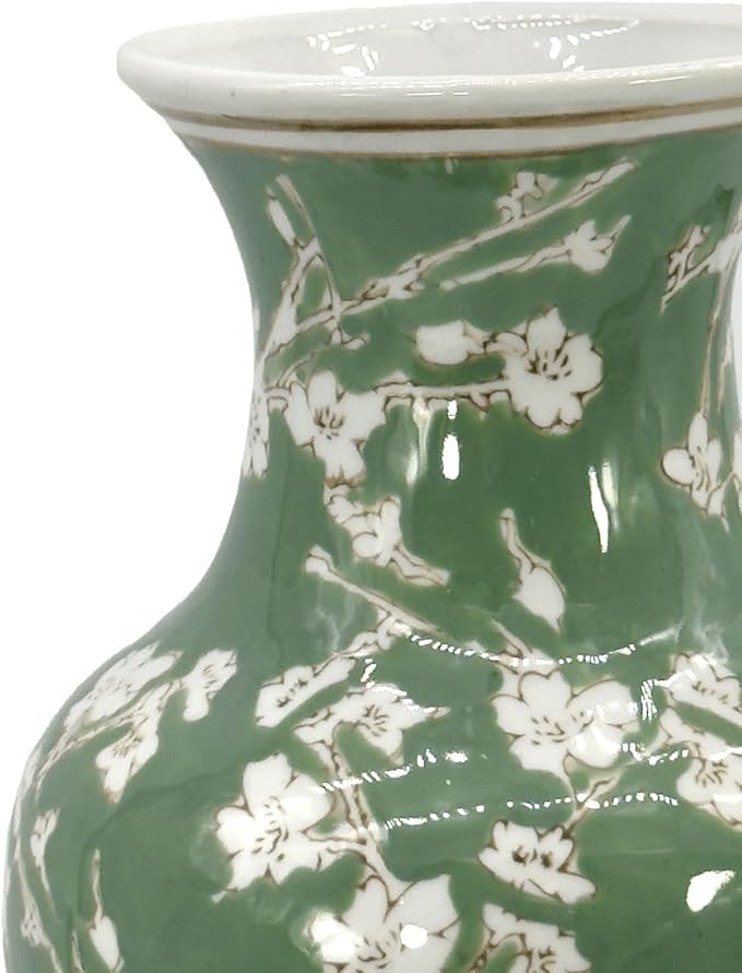 Galt International Floral Chinoiserie Ceramic Vase 14" - Green Sakura Hand Painted Antique Style Porcelain Flower Bottle Fishtail Porcelain Chinese Vase for Home Decor Centerpiece-VerdiqueGarden