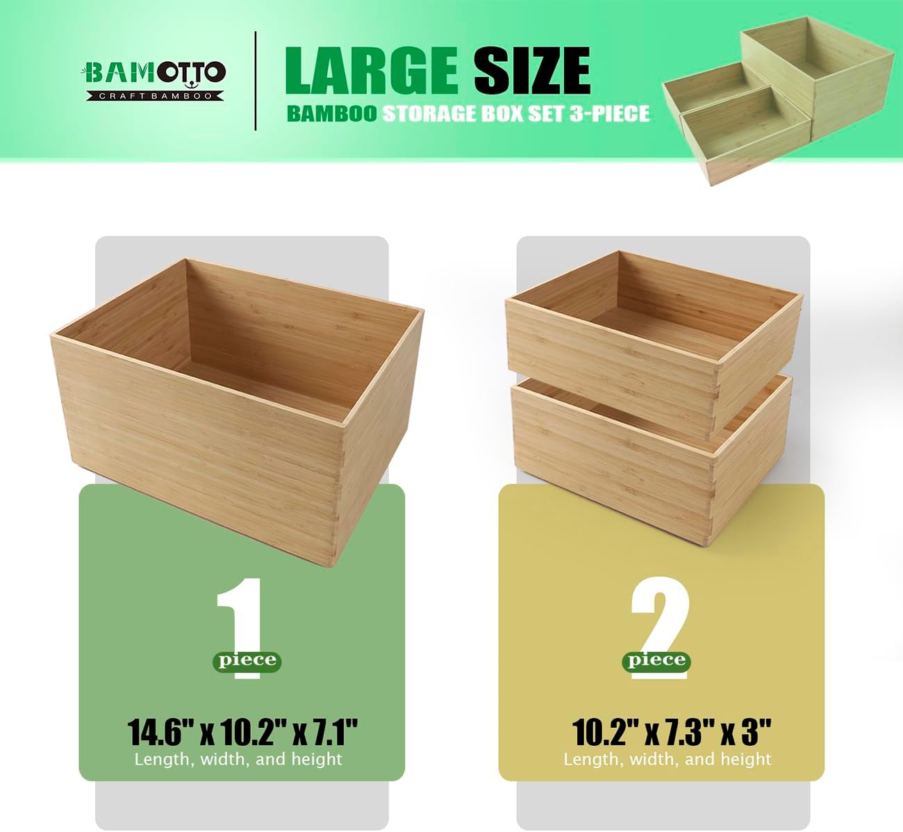 3-Piece Large Bamboo Storage Box Set, 7.1 in High Stackable Deep-Drawer Organizer for Kitchen Cutlery, Utensils & Knives, Exquisite and Durable Lidless Wooden Bin (14.6"x10.2x7.1"*1+10.2"x7.3"x3"*2)-VerdiqueGarden