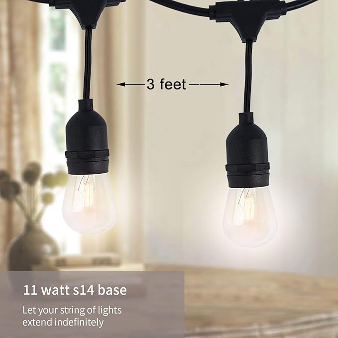 FRIDEKO HOME Waterproof Outdoor String Lights - 12Ft Commercial Grade Patio Lights Heavy Duty Light String Hanging Light Fixture with 11W S14 Bulbs for Deckyard Garden Porch Party Decor-VerdiqueGarden