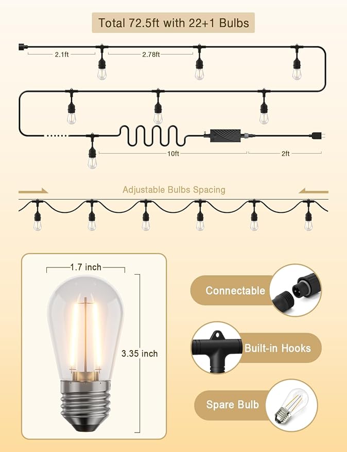 XMCOSY+ Outdoor String Lights, Smart Patio Lights 72.5Ft, APP WiFi Control, Compatible with Alexa, Waterproof Dimmable Edison Outdoor Lights for Patio Outside-VerdiqueGarden