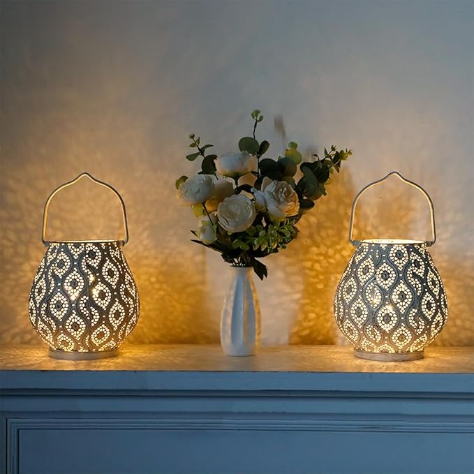 TRIROCKS Set of 2 Moroccan Decorative Lamps 8'' High Battery Powered Cordless Lamp Metal Table Lamps with Fairy Lights Bulb for Home Living Room Garden Yard Party Events Tabletop Indoor Outdoor(White)-VerdiqueGarden