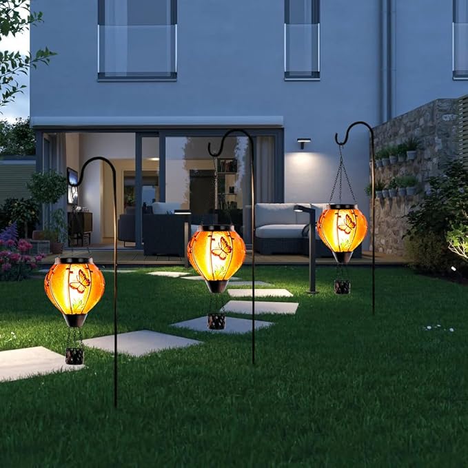 Starsoul Butterfly Hot Air Balloon Solar Lantern with Flickering Flame Light Glass Solar Powered Hot Air Balloon Lamp Waterproof Hanging Outdoor Solar Lantern for Yard Porch Backyard Decor-VerdiqueGarden