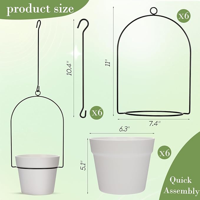 Hushee 6 Packs Metal Hanging Planters for Outdoor Indoor Plants Plant Hanger with 6.3'' Plastic Pots Hanging Planter Basket for Garden Home Porch Decor (White)-VerdiqueGarden