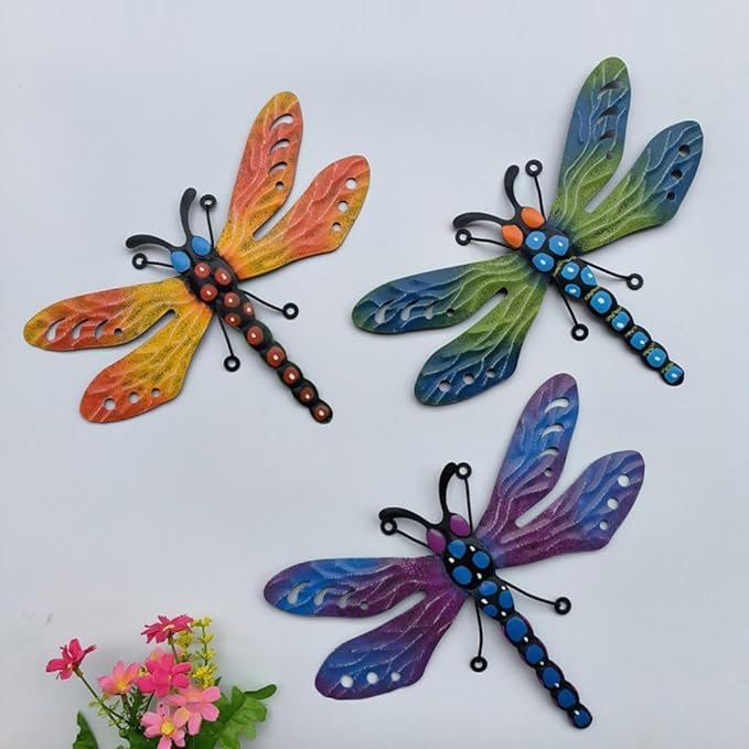 3 Pcs Metal Dragonfly Wall Decor, Colorful Metal Dragonfly Panel, Elegant Butterfly Wall Art - Home Office Garden Decor-VerdiqueGarden