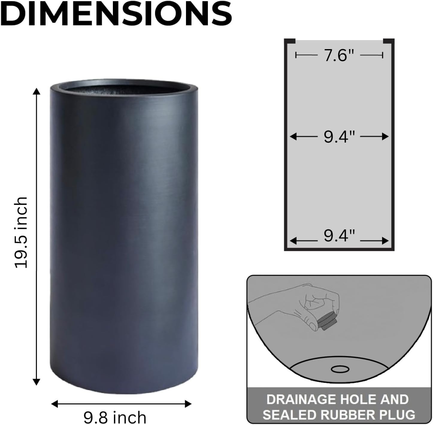 19.5"H x 9.8"D Tubo Fiberstone Cylinder Tall Planter with Drainage Hole, Smooth Finishes, Weather Resistant for Indoor and Outdoor Use, Included 2 Extra Coco Mats (Black, 8.2" Pot Opening)-VerdiqueGarden