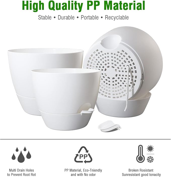 10/9/8 inch Self Watering Pots, Set of 3 Plastic Planters with Mesh Drainage Holes and Deep Reservoir for Indoor Outdoor Garden Plants and Flowers, White-VerdiqueGarden