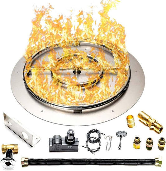 Stainless Steel Fire Pit Burner Pan & Ring Standard Kit with Spark Ignition for Liquid Propane, 30-Inch Pan, 24-Inch Ring, 150,000 BTU Max-VerdiqueGarden