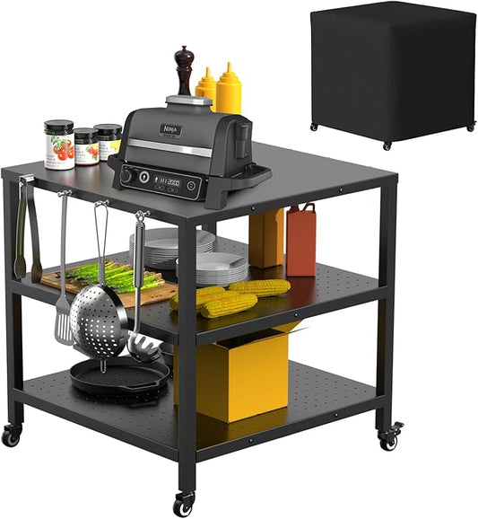 31x31x33 Inch Grill Cart for Outdoor Pizza Oven Table for Ooni, Blackstone, Ninja Grill Stand, Three-Shelf Movable Food Prep and Work Cart Station, Stainless Steel Trolley Table with Waterproof Cover