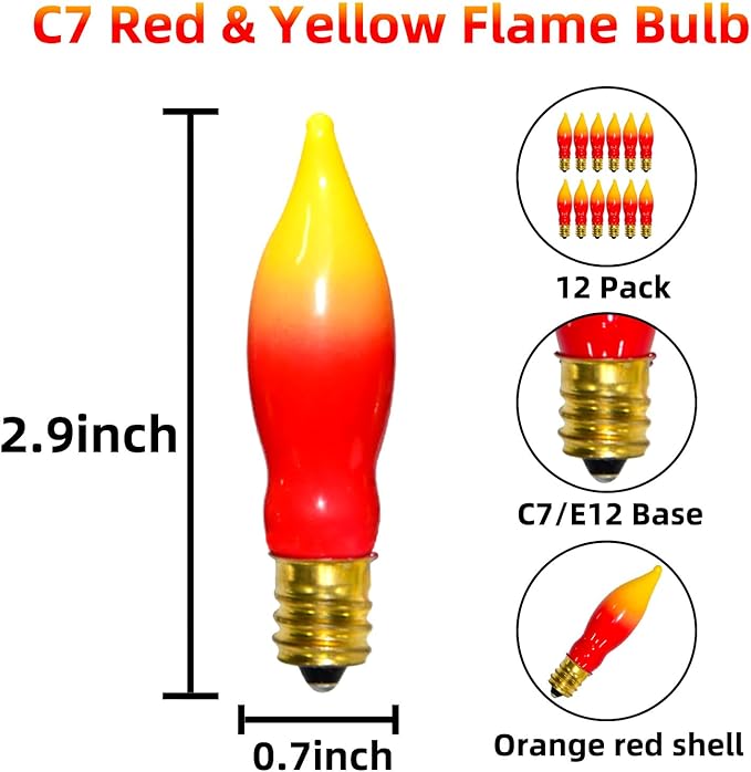 12 Pack C7 Replacement Bulbs E12 Candelabra Bulb - Red Yellow Incandescent Light Bulbs, Perfect as Halloween Christmas Light Bulbs, Candle Light Bulbs, 7 Watt, E12 Base-VerdiqueGarden