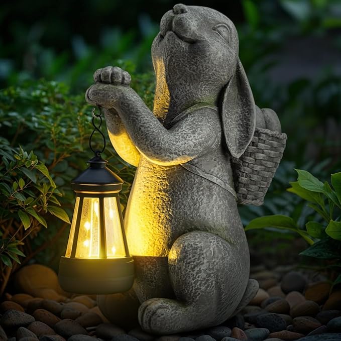 Solar Garden Outdoor Statues Rabbit with Solar Lantern,Outdoor Bunny Figurines Decorations,Lawn Decor Bunny Statue for Patio, Balcony, Yard Ornament,Unique Housewarming and Easter Gifts-VerdiqueGarden