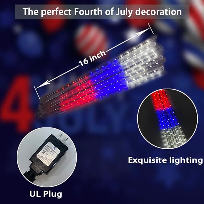 Aokudoni 4th of July Decorations Outdoor, 16 Inch Red White and Blue Meteor Shower Lights for Independence/National/Memorial Day, LED Christmas Lights Outdoor for Yard Garden Tree Holiday Party-VerdiqueGarden
