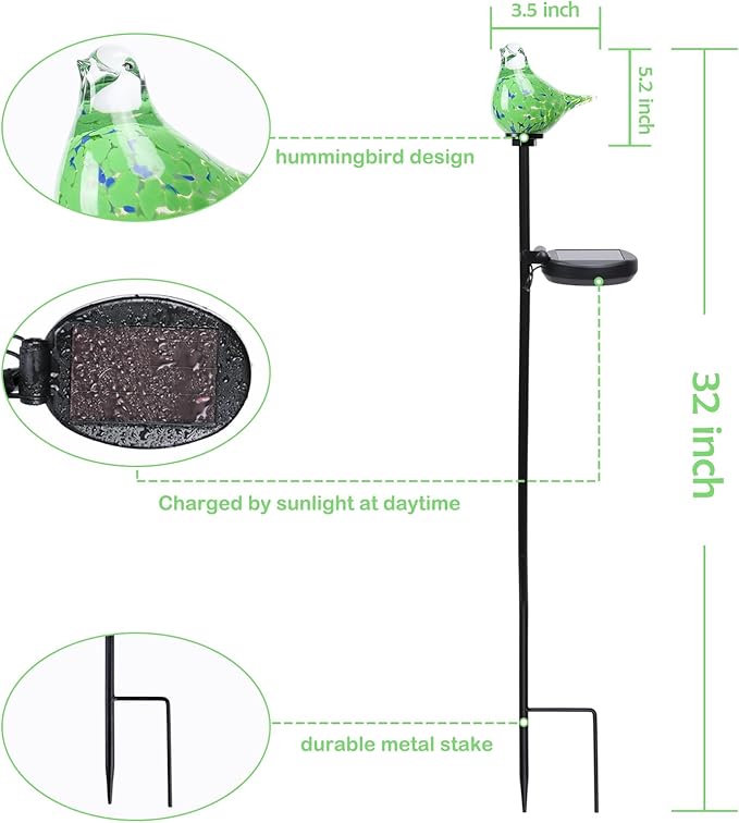 Afirst Solar Outdoor Lights Decorative Hummingbird Garden Stake Handblown Glass Stakes Outdoors Waterproof for Garden Pathway Decoration 2 Packs-VerdiqueGarden