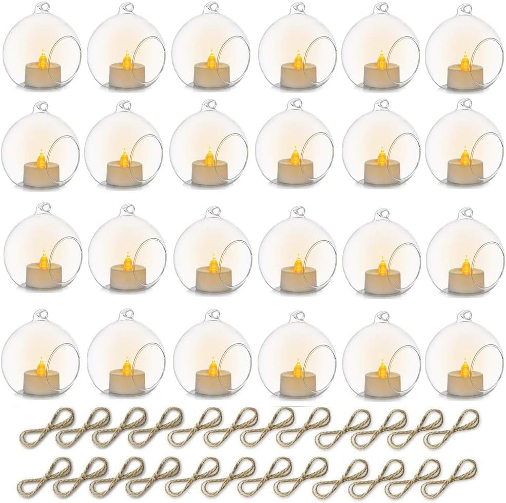 24 Pcs 3.15"/ 8cm Hanging Glass Tealight Holder Globe with LED Tealight, Plant Terrariums Glass Orbs Air Plants Tea Light Candle Holders Home Decor Indoor Outdoor Garden DIY Gifts (24 Pcs)-VerdiqueGarden