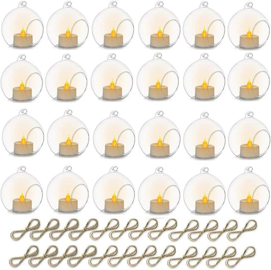 24 Pcs 3.15"/ 8cm Hanging Glass Tealight Holder Globe with LED Tealight, Plant Terrariums Glass Orbs Air Plants Tea Light Candle Holders Home Decor Indoor Outdoor Garden DIY Gifts (24 Pcs)-VerdiqueGarden