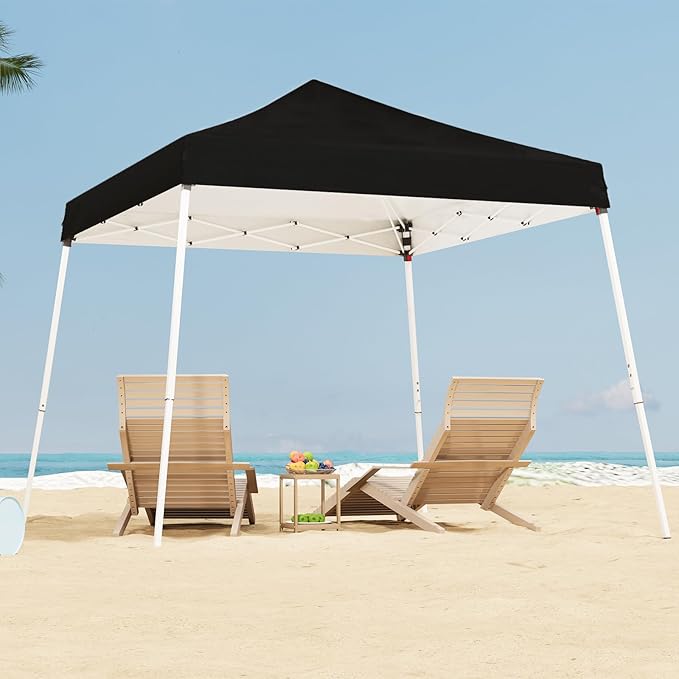 10x10 Pop Up Canopy, 300D Silver Coated Black Fabric Outdoor Gazebo, Beach Tent Slant Legs with Storage Bag,Easy Up Sun Shade Shelter Tents with 8x8 Top Cover for Patio,Party-VerdiqueGarden