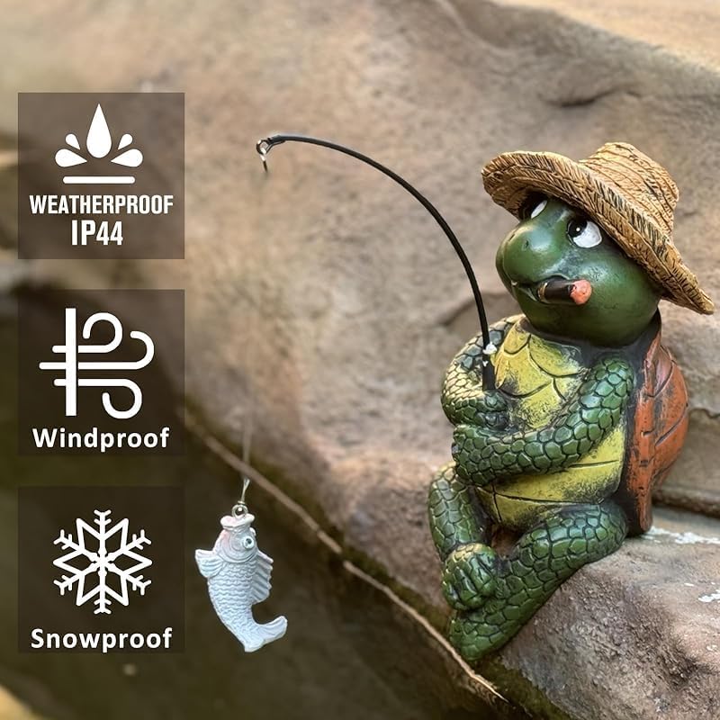 Tortoise Fishing Statue Garden Decor，9.8" Weatherproof Resin Tortoise Fishing Sculpture Decor for Fish Ponds, Koi Ponds, Waterfalls, Poolside Outdoor Gardens Resin Figurine for Indoor Outdoor Décor-VerdiqueGarden