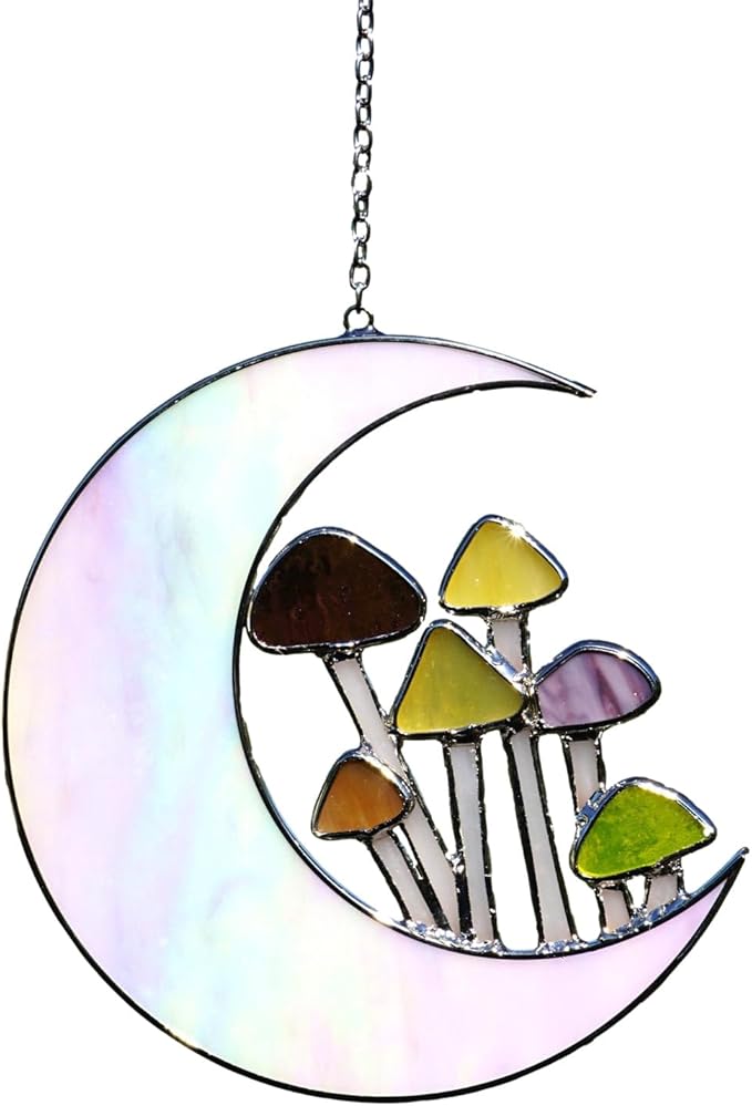 Sensory4U Mushroom Moon Stained Glass Suncatcher - Earth Tone Modern Window Hanging Wall Art - Home Decor or Garden Suncatcher for Natural Light Reflection-VerdiqueGarden