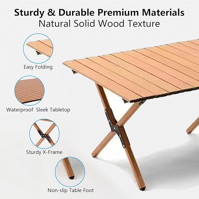 Folding Camping Table, 48Inch Lightweight Roll-Up Table Aluminum Low Portable Picnic Table with Carrying Bag for Outdoor, Beach, Picnic, Backyards, BBQ and Party Log Color-VerdiqueGarden