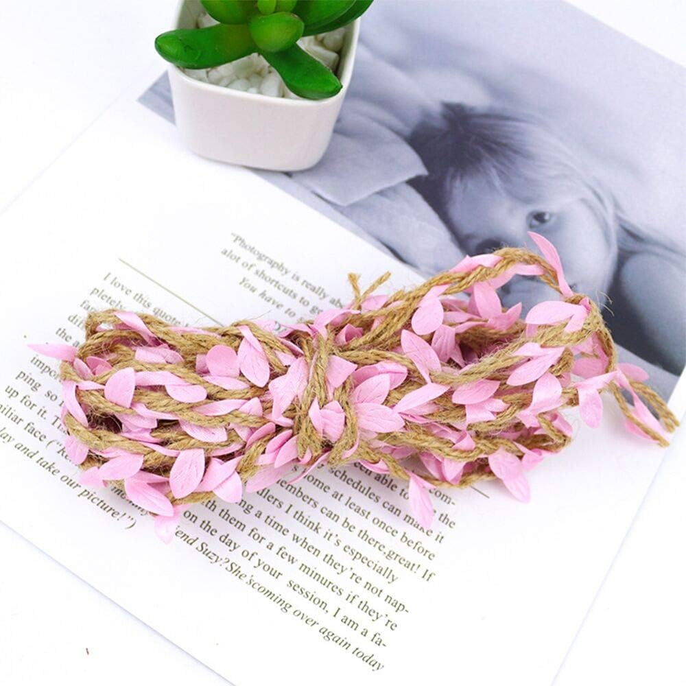 Burlap Leaf Ribbon 2 Rolls 66 Feet 5mm Jute Burlap Twine Vine with Artificial Leaves for Crafts Jungle Garland Party Wedding Garden Home Decoration Pink-VerdiqueGarden