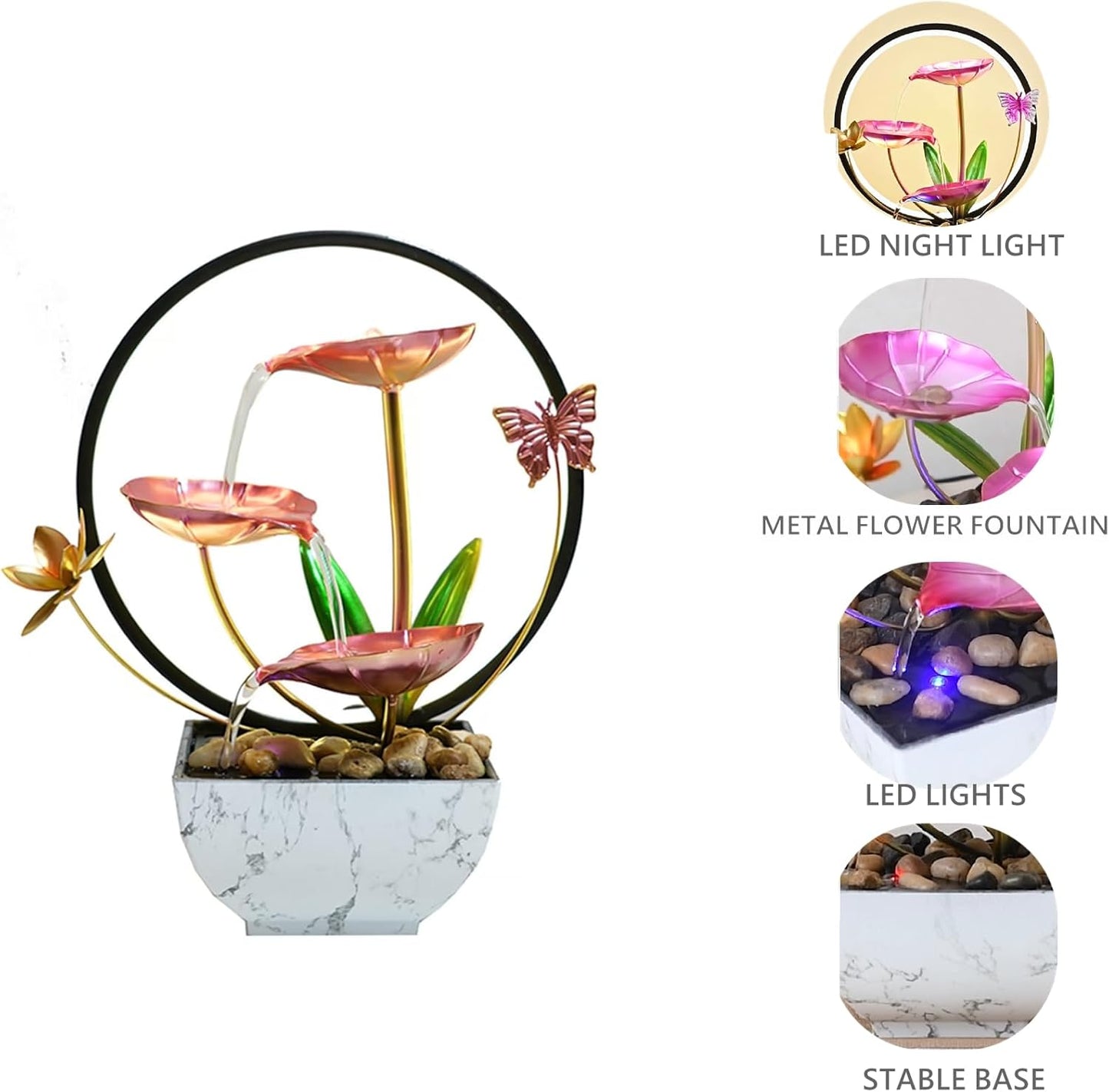 Pink Indoor Table Top Indoor Relaxation Water Fountain, Waterfall, Small Fountains with LED Lights Zen Meditation Fountains.-VerdiqueGarden