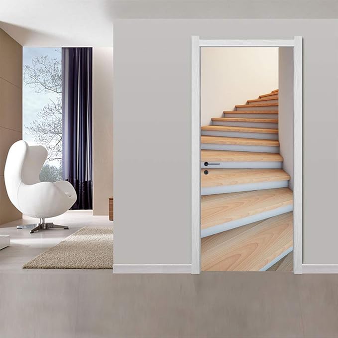 3D Door Stickers Murals - Stairs - Peel & Stick - Waterproof & Washable - Matt Finish - Modern Style - White - 37.4" x 82.7"-VerdiqueGarden