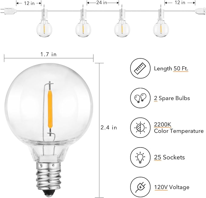 Outdoor String Lights - 50 Ft Waterproof Connectable Commercial LED Patio Lights with 25 G40 Globe Bulbs, All Weatherproof Hanging Globe Lights for Outside Backyard Porch Party Decoration-VerdiqueGarden