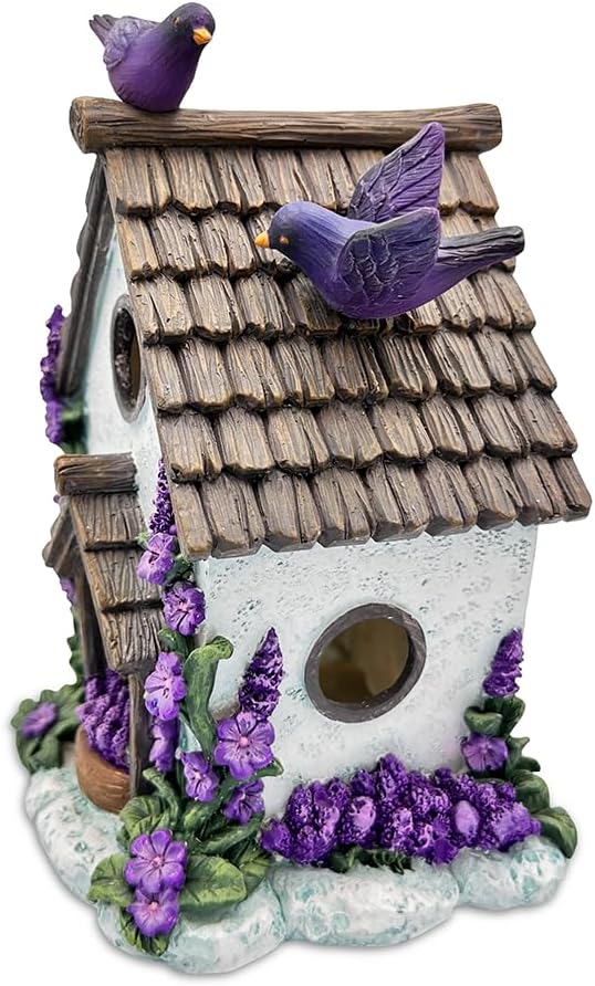 Spring & Summer-Themed Garden Statues – Adorable Outdoor Decor for Lawn, Patio & Porch (Lovely Floral Lavender Bird House Figurine, 7" Novelty Cottage Garden Decor)-VerdiqueGarden