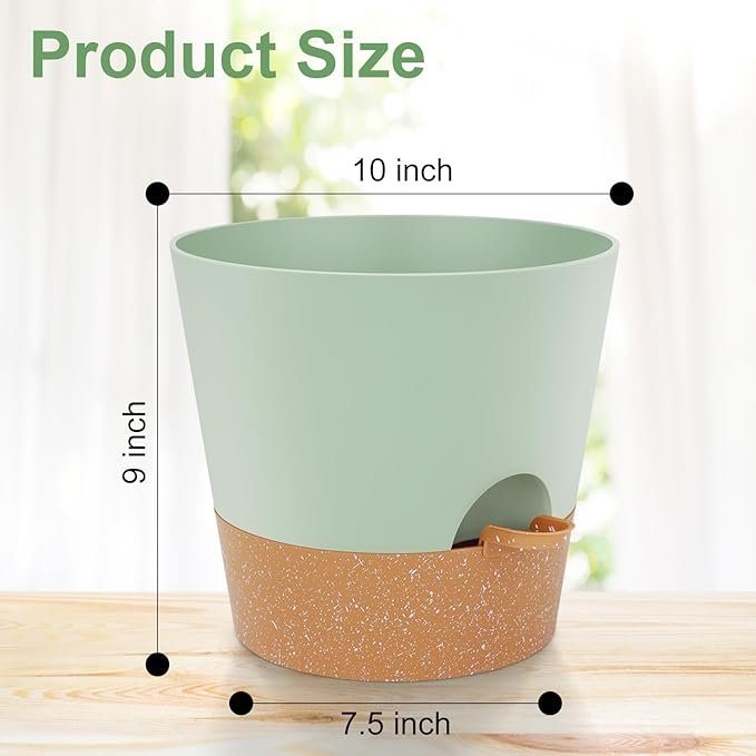 10-Inch Plant Pots, Self-Watering Planters with Drainage Holes & Saucers for Indoor and Outdoor Plants (2-Pack, Green)-VerdiqueGarden