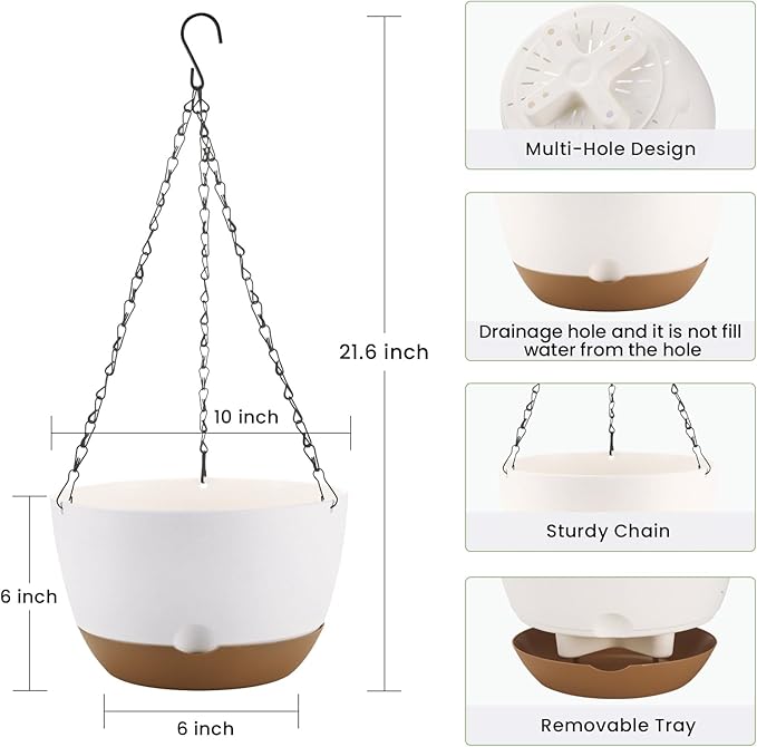 10 Inch Hanging Planter, 2 Pack Hanging Plastic Plant Self Watering Pot with Drainage Holes and Saucers, Hanging Baskets Flower Pots for Indoor Outdoor Garden Plants and Flowers-White-VerdiqueGarden